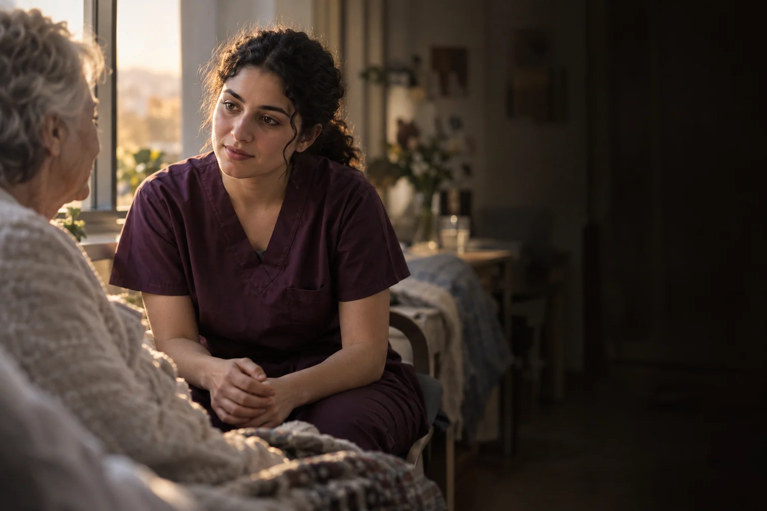 המחשה של מפגש אנושי בין אחות למטופלת · תמונה שנוצרה ב־AI